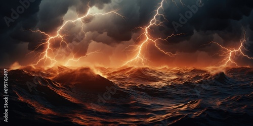 A powerful image of a stormy ocean with lightning in the sky. Perfect for illustrating the intensity and beauty of nature. Suitable for various projects and designs