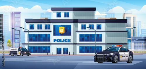 Police station building with patrol cars and city landscape. Police department office. Cityscape background cartoon illustration photo