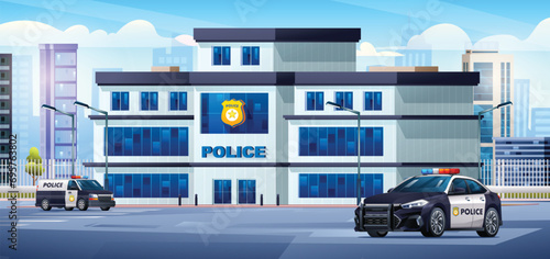 Police station building with patrol cars and city landscape. Police department office. Cityscape background cartoon illustration