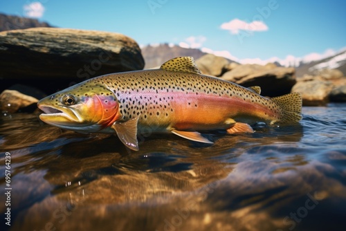 A vibrant rainbow trout swimming in crystal clear water with rocks in the background. Perfect for nature and fishing enthusiasts