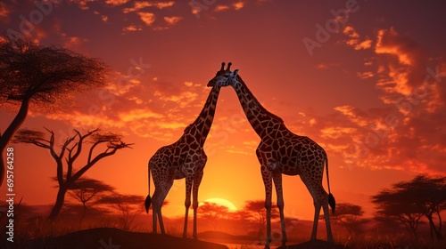 Graceful giraffes silhouetted against a vivid sunset, their towering figures embodying the beauty of wildlife in its natural habitat