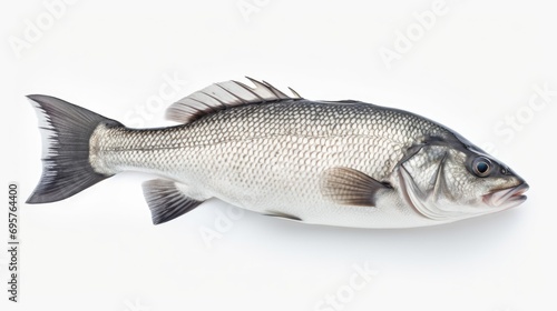 A detailed view of a fish placed on a white surface. Can be used to depict marine life, seafood, or cooking themes