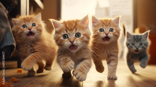 Playful kittens engaged in a lively game of chase, their fluffy tails and joyful antics showcasing the irresistible charm of feline companionship