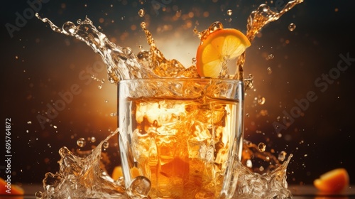 A refreshing glass of orange juice with a splash of water. Perfect for promoting healthy lifestyles and thirst-quenching beverages