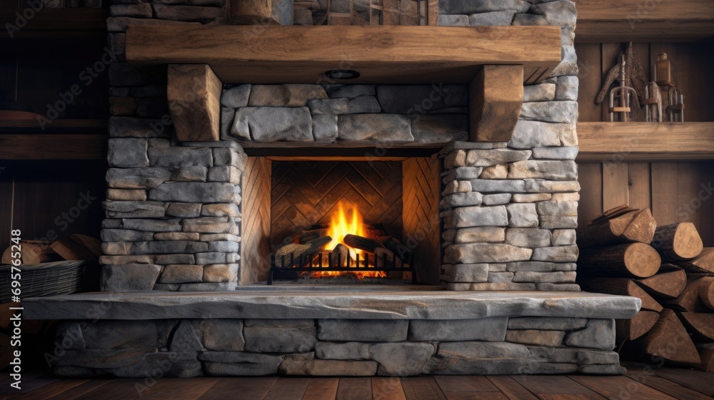 A fireplace with logs stacked on the side. Suitable for cozy home decor or winter-themed designs