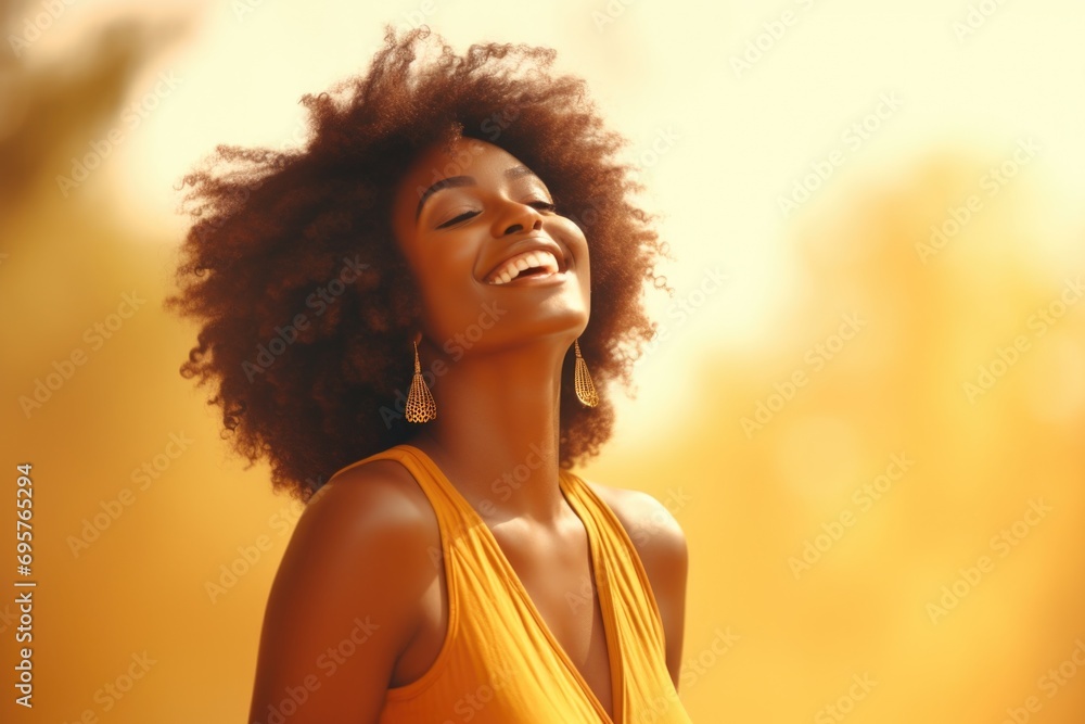 A woman in a yellow dress with closed eyes, wearing a bright smile. Suitable for various uses A woman in a yellow dress with closed eyes, wearing a bright smile. Suitable for various uses
