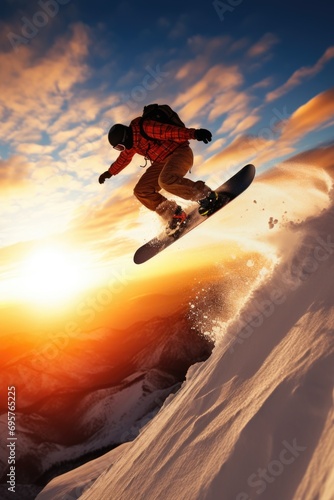A man is riding a snowboard down the side of a snow covered slope. This image can be used to depict winter sports and outdoor activities © Fotograf