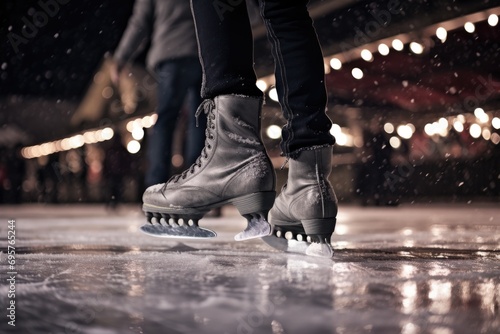Ice skates resting on an ice rink. Perfect for winter sports or recreational activities © Fotograf