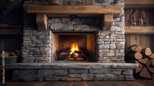 A fireplace with logs stacked on the side. Suitable for cozy home decor or winter-themed designs