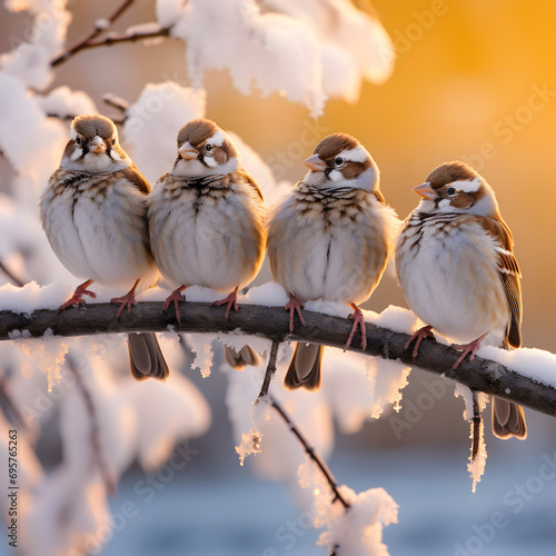 Flock of tree sparrows on the branch in a garden during winter