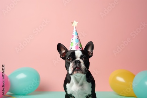 A black and white dog wearing a party hat. Perfect for celebrating special occasions
