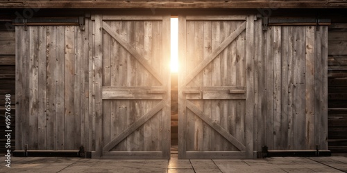 A barn door with a light shining through it. Suitable for rustic and countryside themes