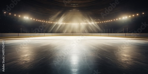 An empty ice rink illuminated by shining lights. Perfect for winter sports and recreational activities