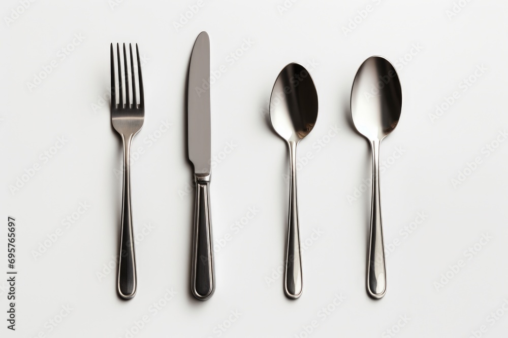 A set of silverware consisting of a knife, fork, and spoon. Suitable for use in various dining and culinary concepts A set of silverware consisting of a knife, fork, and spoon. Suitable for use in various dining and culinary concepts