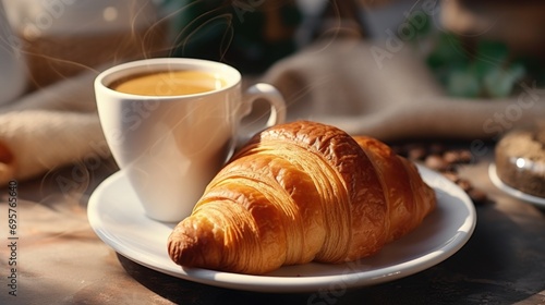 A cup of coffee and a croissant placed on a plate. Perfect for breakfast or a cozy coffee shop ambiance