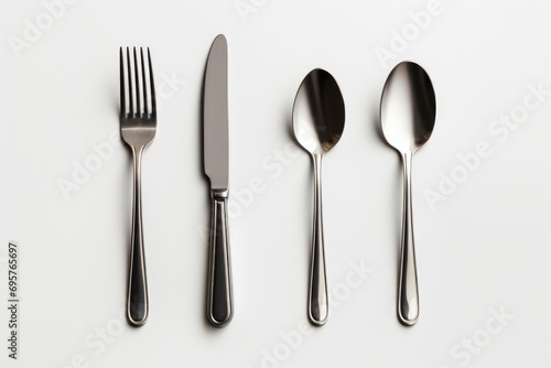 A set of silverware consisting of a knife, fork, and spoon. Suitable for use in various dining and culinary concepts