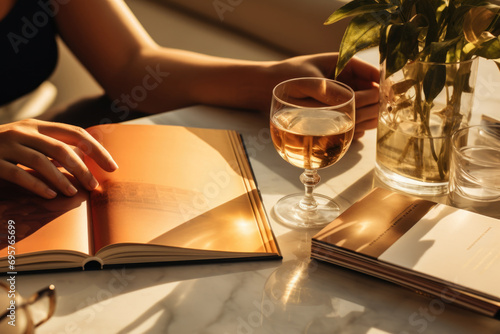 A person sitting at a table with a book and a glass of wine. Perfect for cozy evenings and relaxation photo