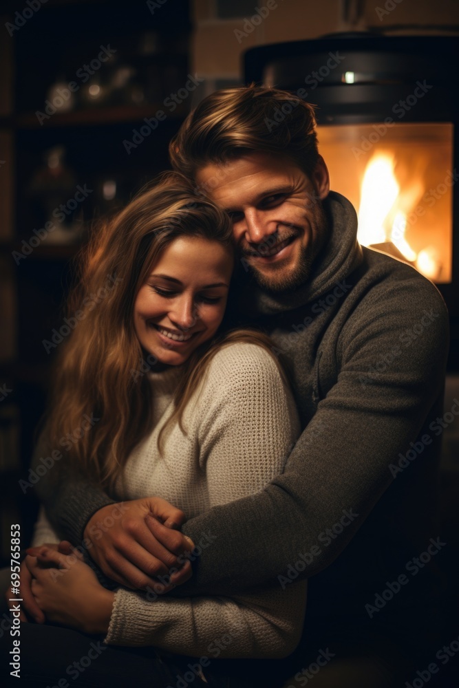 A heartwarming image of a man and a woman hugging in front of a cozy fireplace. A heartwarming image of a man and a woman hugging in front of a cozy fireplace.