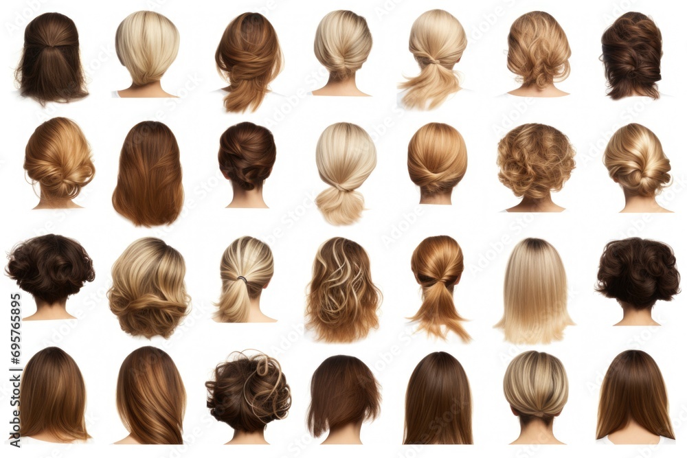 A picture showcasing a collection of different hairstyles on a woman's head. Can be used for hair salon promotions or hairstyle inspiration - obrazy, fototapety, plakaty 