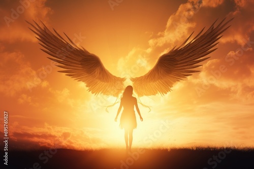 A stunning image of a woman standing in front of a beautiful sunset, with wings on her back. Perfect for expressing freedom, spirituality, and the beauty of nature. © Fotograf