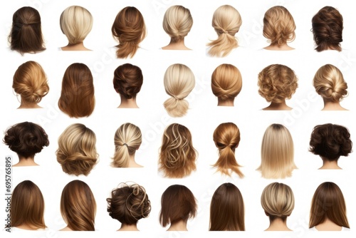A picture showcasing a collection of different hairstyles on a woman's head. Can be used for hair salon promotions or hairstyle inspiration photo