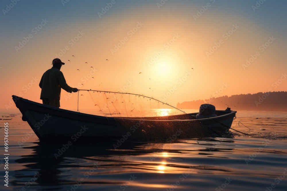 A man is seen in a boat, using a fishing net. This image can be used to depict fishing, outdoor activities, or leisure time by the water