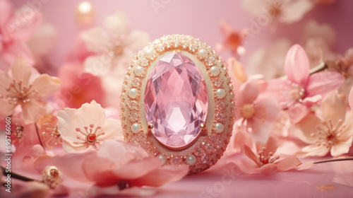 A bejeweled egg amidst soft pink cherry blossoms.