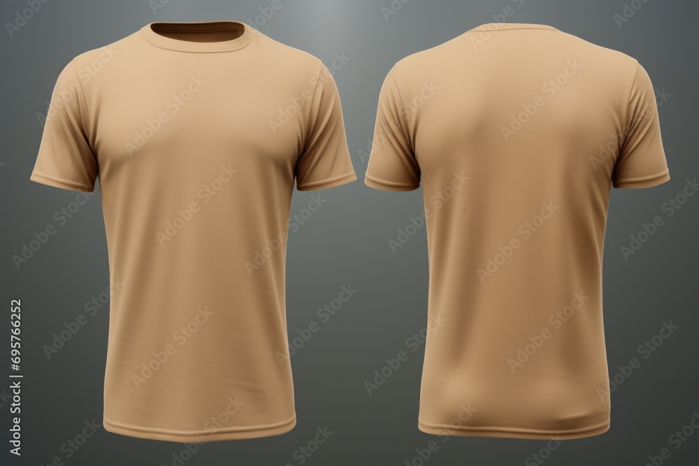 A simple tan t-shirt photographed against a neutral gray background. Suitable for use in various design projects - obrazy, fototapety, plakaty 