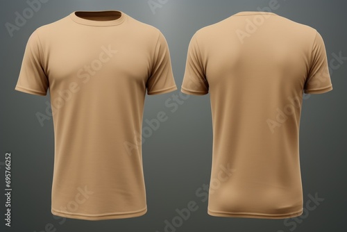 A simple tan t-shirt photographed against a neutral gray background. Suitable for use in various design projects photo