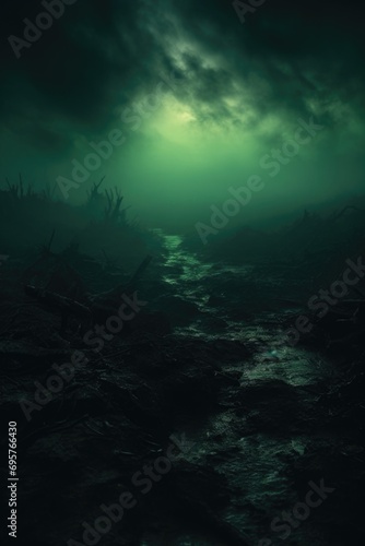 A captivating image of a dark green night sky with a serene river running through it. Perfect for various creative projects and designs