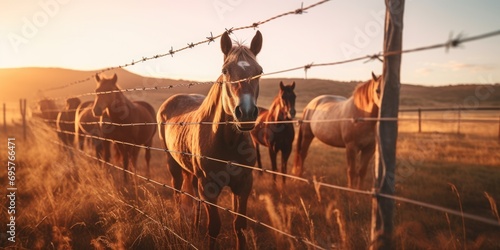 Horses standing together behind a sturdy barbed wire fence. This image can be used to depict confinement, freedom, or the beauty of nature photo