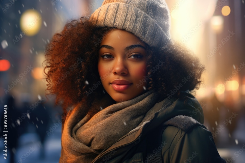 A woman wearing a hat and scarf stands in the snow. This image can be used for winter fashion or cold weather concepts A woman wearing a hat and scarf stands in the snow. This image can be used for winter fashion or cold weather concepts