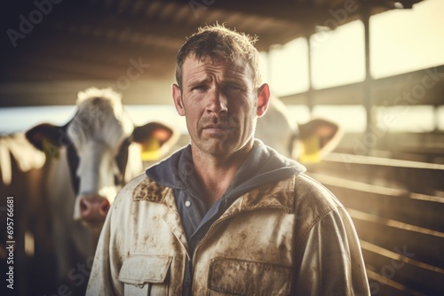A man is pictured standing in front of a group of cows. This image can be used to depict farming, agriculture, or rural life