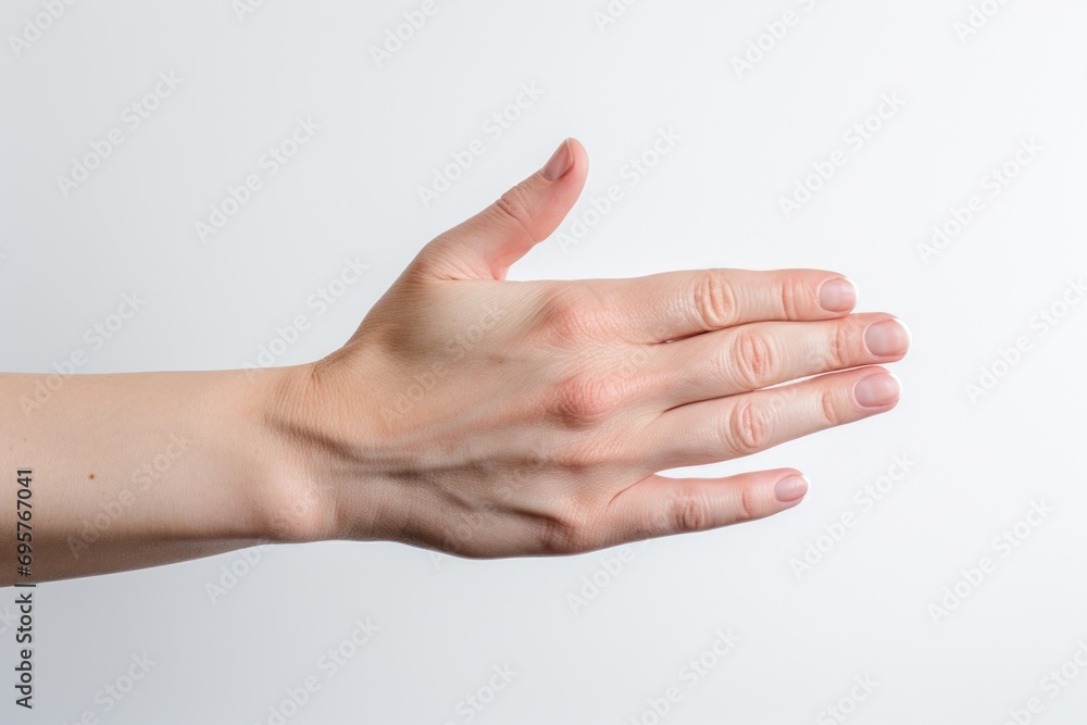 A person holding their hand out in front of a white wall. Versatile image suitable for various concepts