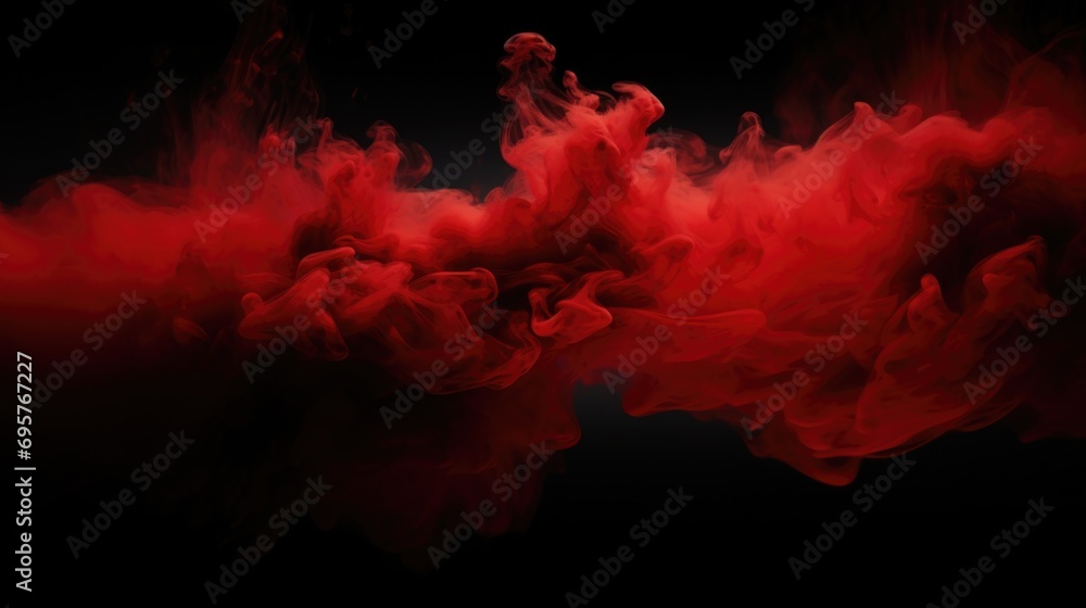 A vibrant red cloud of smoke against a dark black background. Perfect for adding a touch of drama and intrigue to any project - obrazy, fototapety, plakaty 
