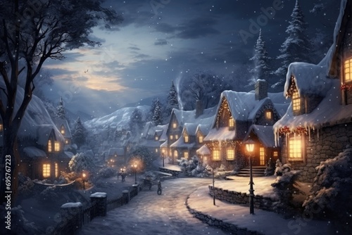 A picturesque snowy village at night. Perfect for winter-themed designs and holiday promotions