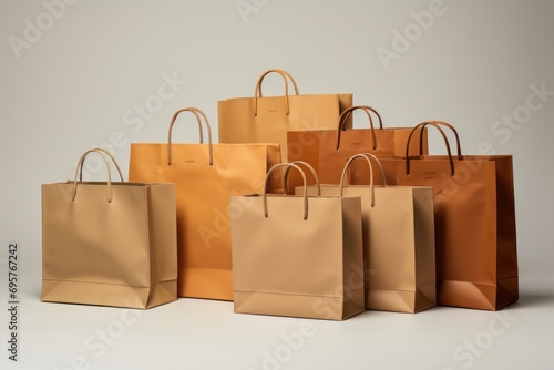 Stacked brown shopping bags, ideal for showcasing retail or consumer goods. Perfect for e-commerce, advertising, or fashion-related projects