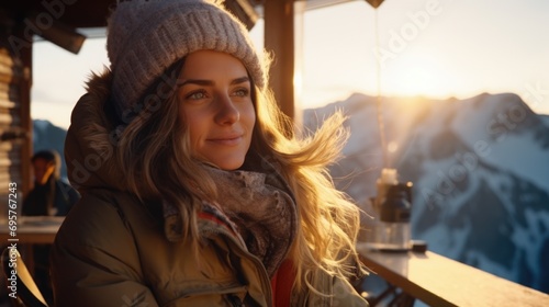 A woman is sitting at a table, enjoying the breathtaking view of a mountain. This image can be used to depict relaxation, nature appreciation, or a peaceful getaway