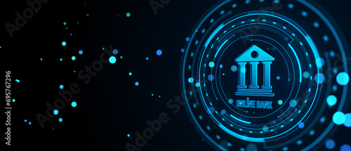 Creative banking hologram in blue circle on dark wide background. Finance, online bank and digital money concept. 3D Rendering. © Who is Danny