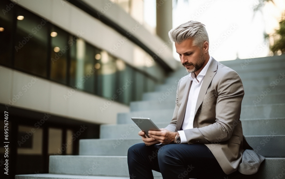 Businessman or corporate employee using digital tablets at office stair Businessman or corporate employee using digital tablets at office stair