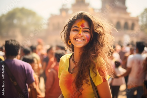 Young Indian woman, enjoying at the Holi festival, covered in colored powders on a crowded street