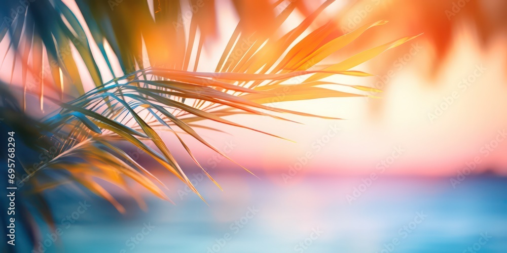 Capture the serene beauty of a blurred sunset over the sea, framed by palm leaves, creating an abstract defocused background perfect for a summer vacation ambiance.