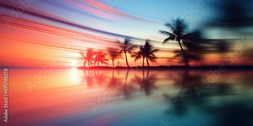 Capture the serene beauty of a blurred sunset over the sea, framed by palm leaves, creating an abstract defocused background perfect for a summer vacation ambiance.