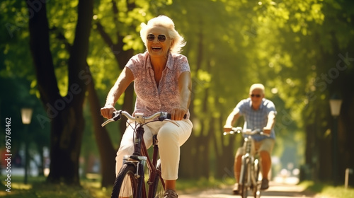 Retired couple riding bikes in park