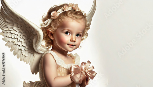 Mała dziewczynka przebrana za aniołka, białe tło
