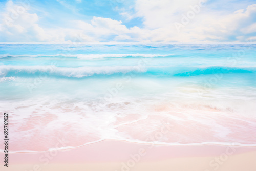 Beautiful soft blue , turquoise and pink ocean wave on fine sandy beach backdrop. Ocean waves water foam texture on pink sand with blue sky. Tropical vacation seascape background banner by Vita © Vita