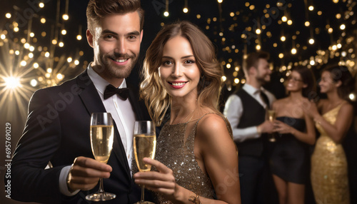 Couple drinking champagne at a wedding reception or New Year's Eve ball

