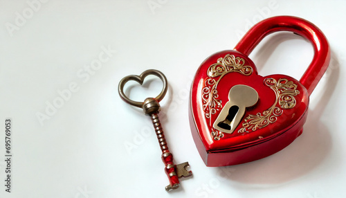 Piękna, czerwona kłódka w kształcie serca z kluczem na białym tle. Tło walentynkowe