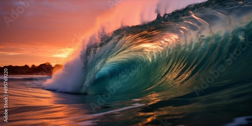 A swirling wave captured at twilight with the sunset hues reflecting on the water.