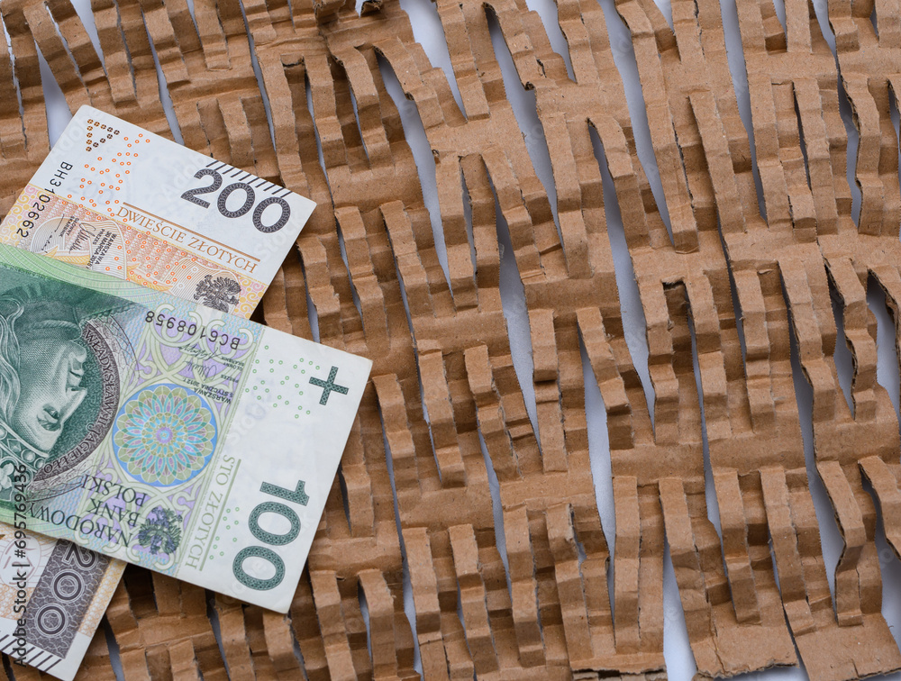Papierowy wypełniacz do paczek z naciętej tektury polskie pieniądze obok - obrazy, fototapety, plakaty 